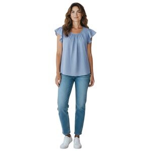 J. Crew Re-Imagined Chambray Flutter Sleeve Top Feminine Minimalist Size‎ Large